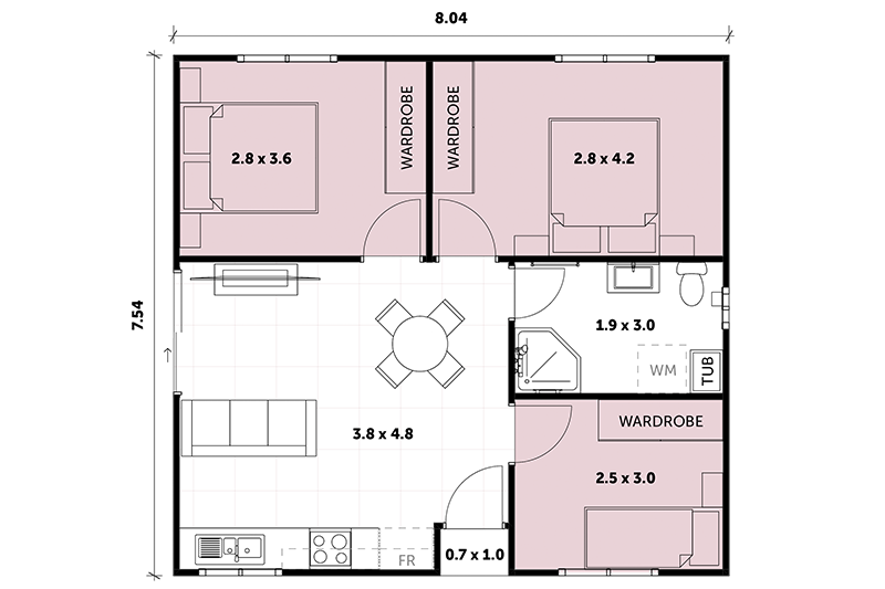 7.54 by 8.04 granny flat floor plan