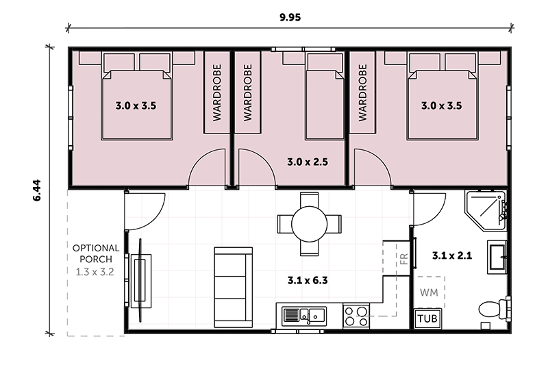 6.44 by 9.95 granny flat floor plan including optional porch space