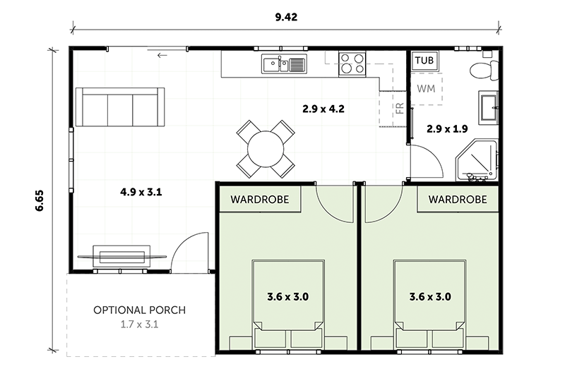6.65 by 9.42 floor plan with optional porch