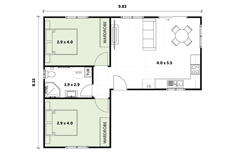 8.15 by 9.83 L-shaped floor plan
