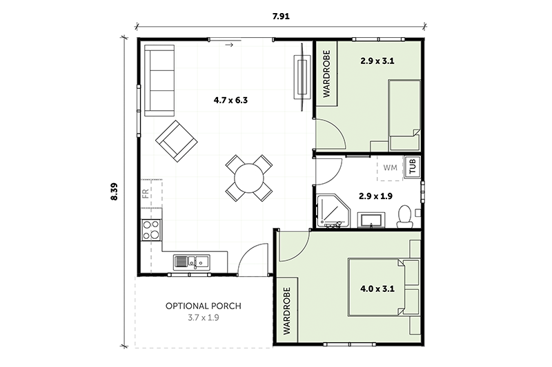 8.39 by 7.91 granny flat floor plan including optional porch
