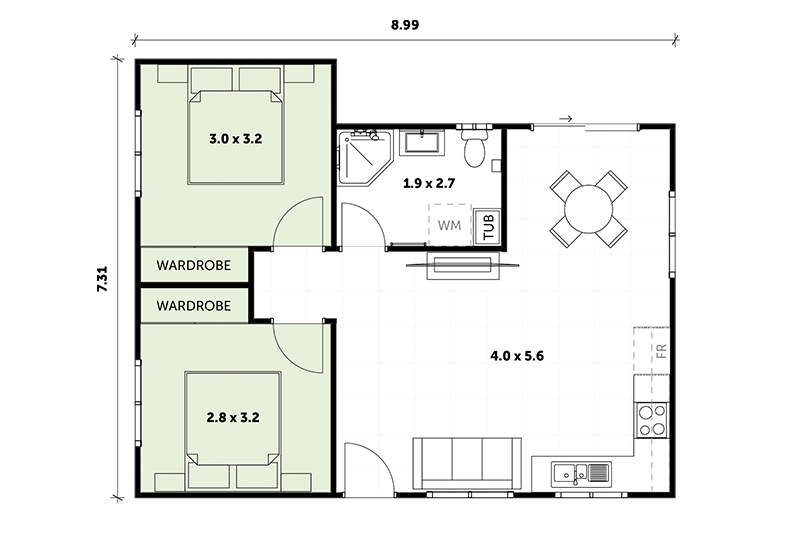 7.31 by 8.99 floor plan with two wardrobes