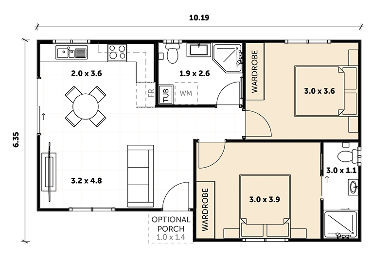 6.35 x 10.19 granny flat floor plan with optional porch
