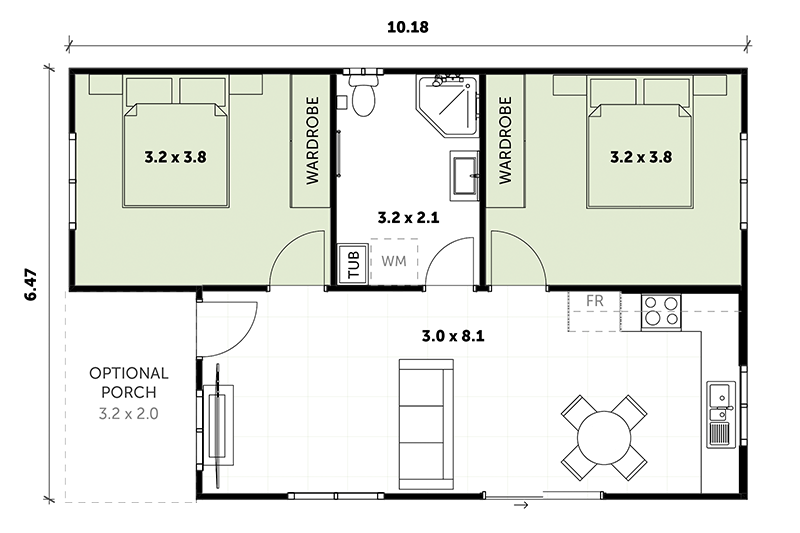 6.47 by 10.18 granny flat floor plan including optional porch