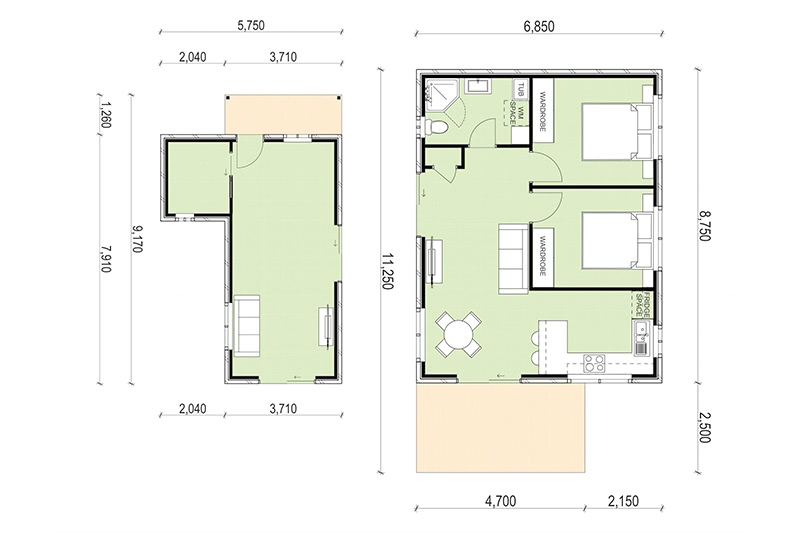 5,750 by 9,170 and 6,850 by 11,250 granny flat floor plans side by side