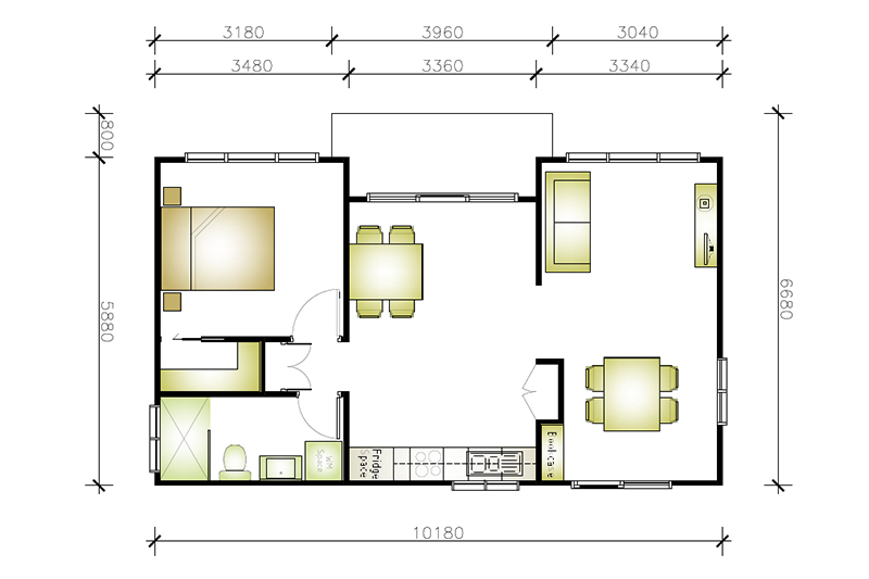 6,680 by 10,180, 1 bedroom, granny flat floor plan