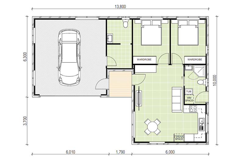 10,000 by 13,800 L-shaped granny flat floor plan including single car garage