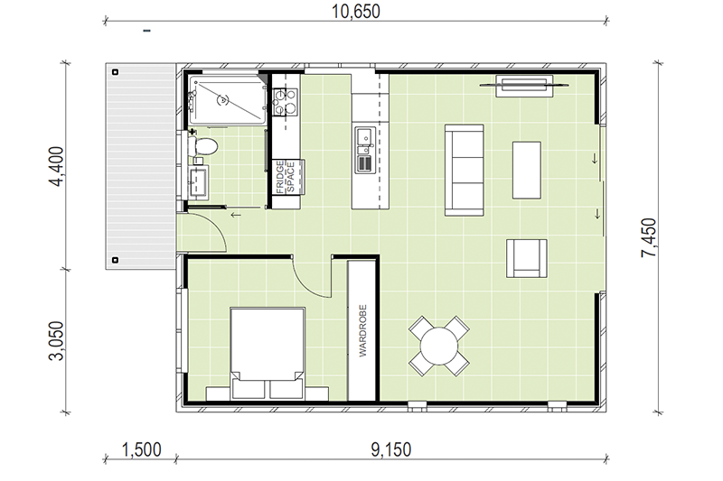 One bedroom, 7,450 by 10,650 granny flat floor plan