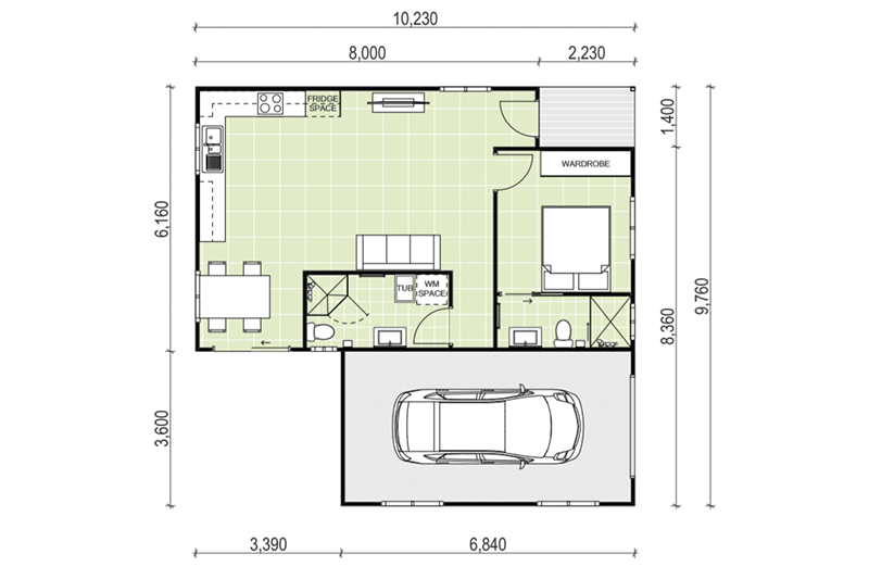 6,160 by 10,230 one-bedroom granny flat with garage