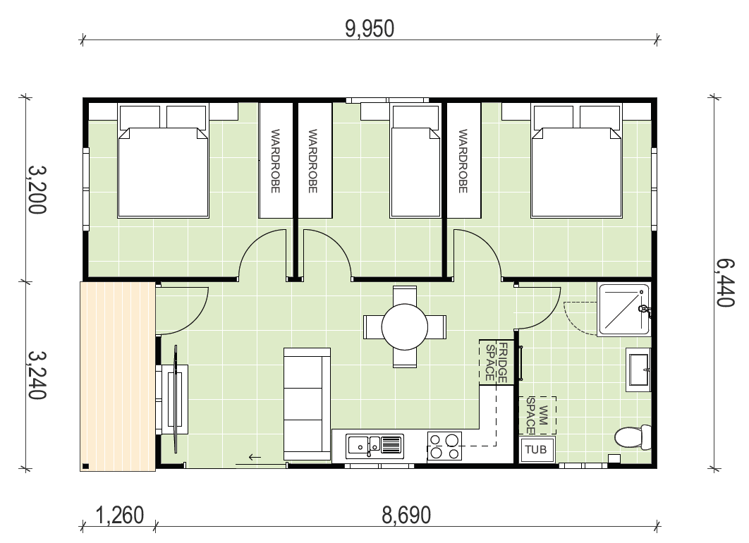 6,440 by 9,950 granny flat floor plan including small entry patio