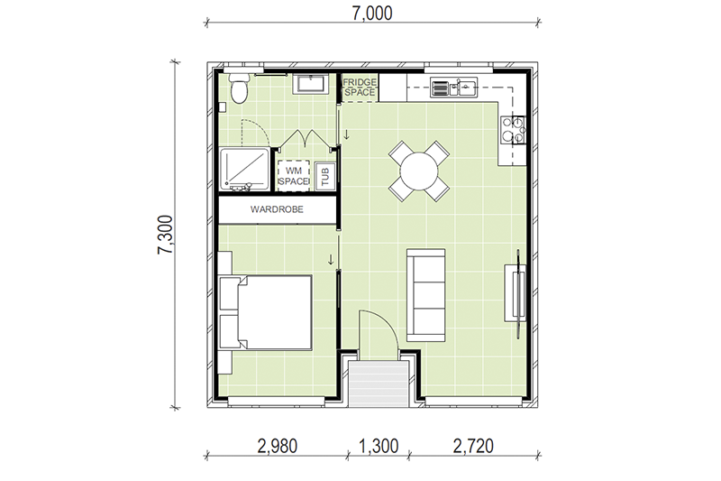 One bedroom, 7,300 by 7,000 granny flat floor plan