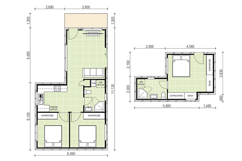 6,590 by 11,130 and 7,360 by 4,490 granny flat floor plans