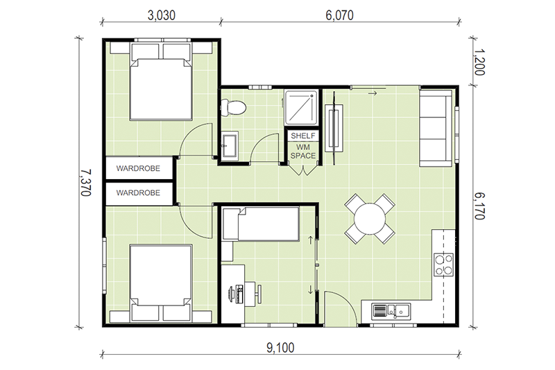 7,370 by 9,100 granny flat floor plan