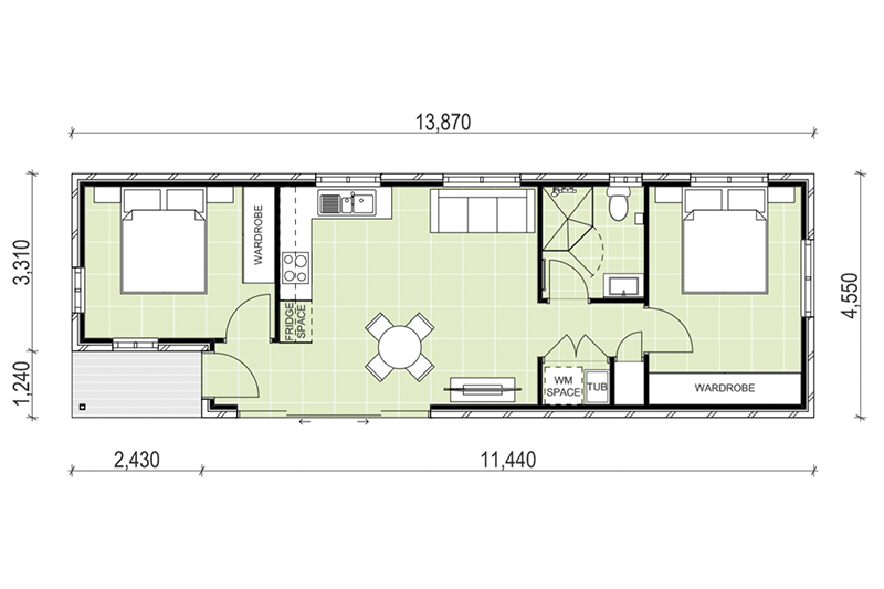 4,550 by 13,870 granny flat floor plan