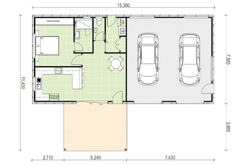 11,450 by 15,380 granny flat floor plan including two car garage