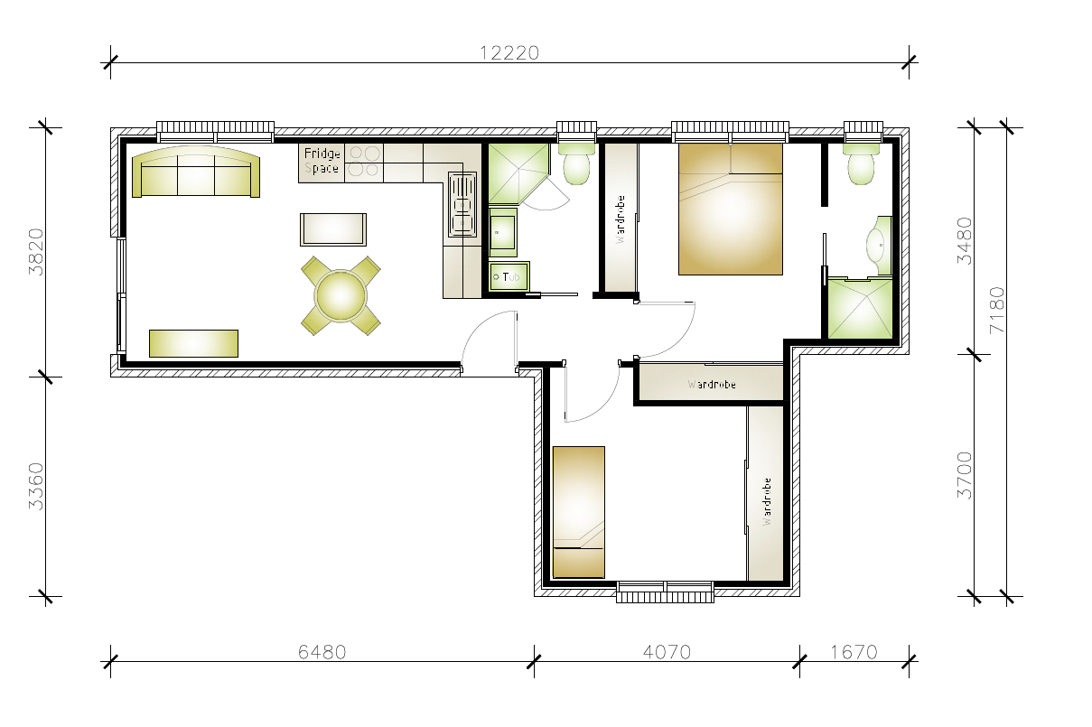 7,180 by 12,220 t-shaped granny flat floor plan