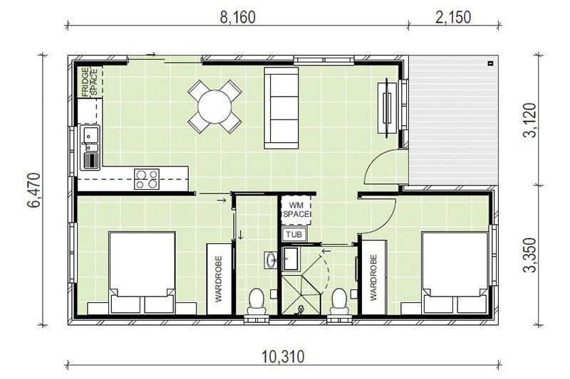 6,470 by 10,310 granny flat floor plan including small porch