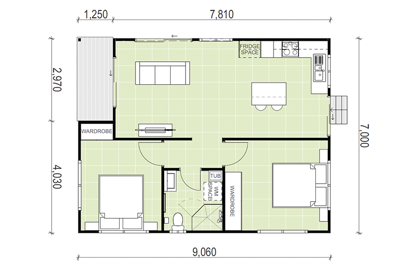 7,000 by 9,060 granny flat floor plan including outdoor entry point