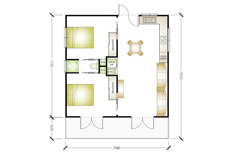 7,740 by 9,300 granny flat floor plan including second storey balcony