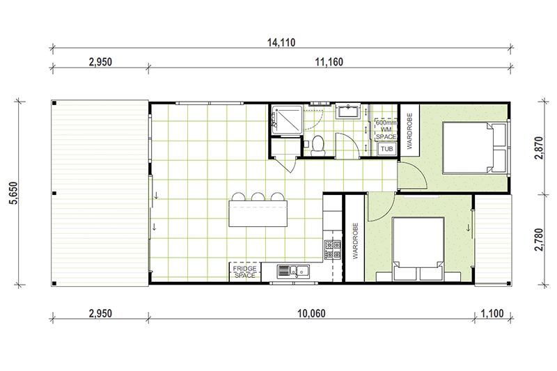 5,650 by 14,110 granny flat floor plan