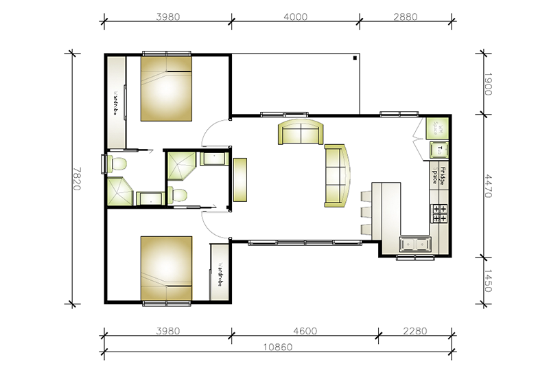 7,820 by 10,860 T-shaped granny flat floor plan