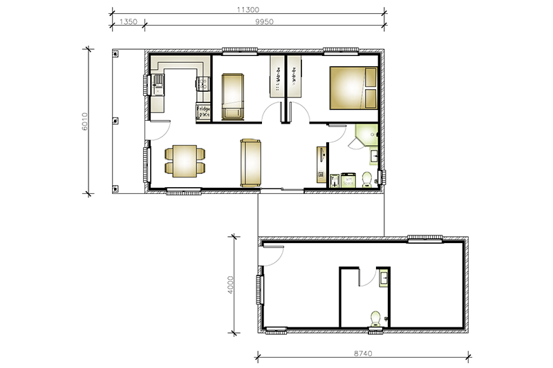 11,300 by 6,010 and 8,740 by 6,010 Granny Flat floor plans side by side