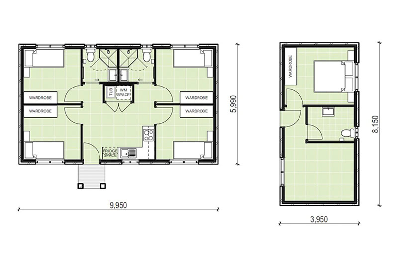 9,950 by 5,990 and 3,950 by 8,150 floor plans side by side