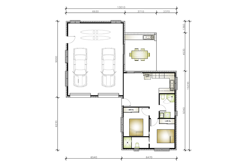 3,010 by 9,000 granny flat floor plan including two car garage