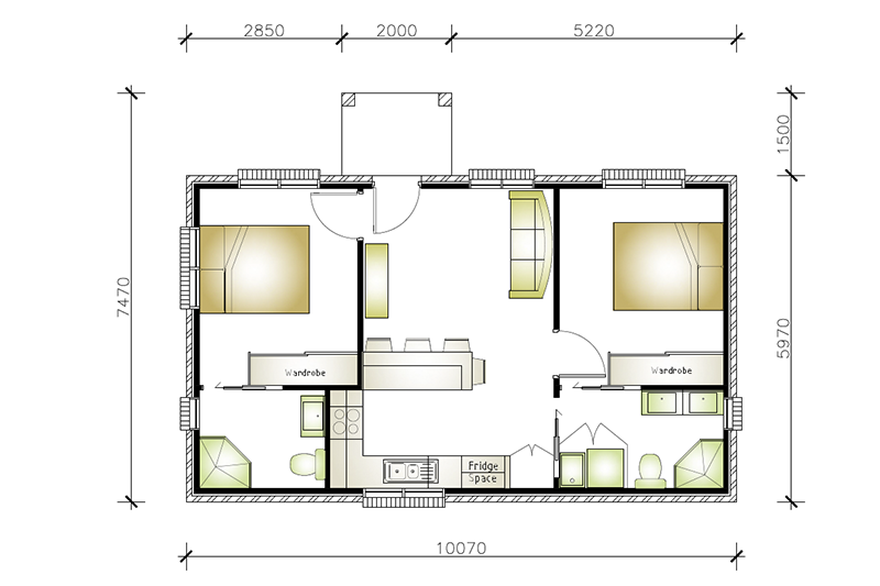 7,470 by 10,070 granny flat floor plan including covered entry