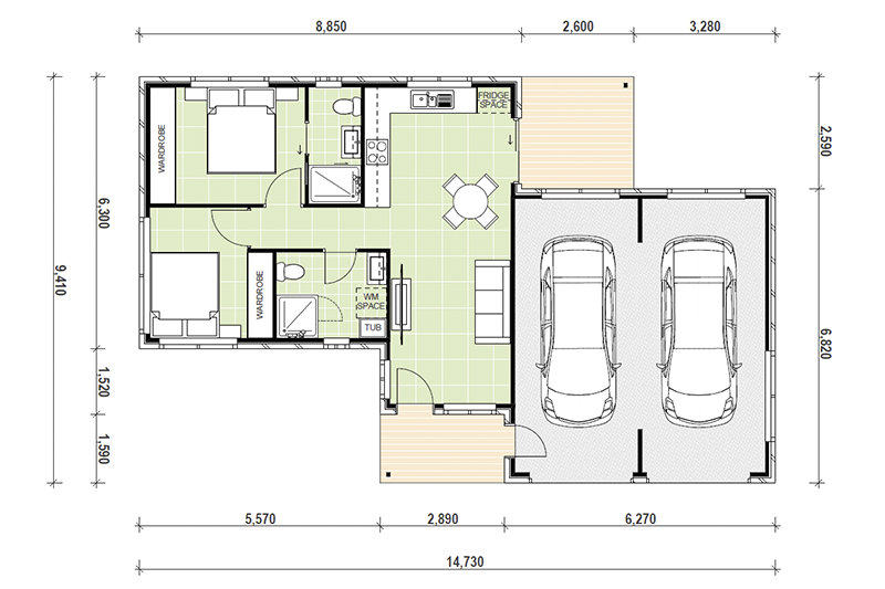 14,730 by 9,410 floor plan including two car garage