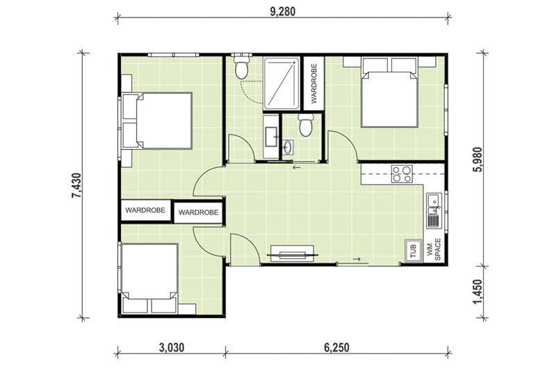 7,430 by 9,280 granny flat floor plan