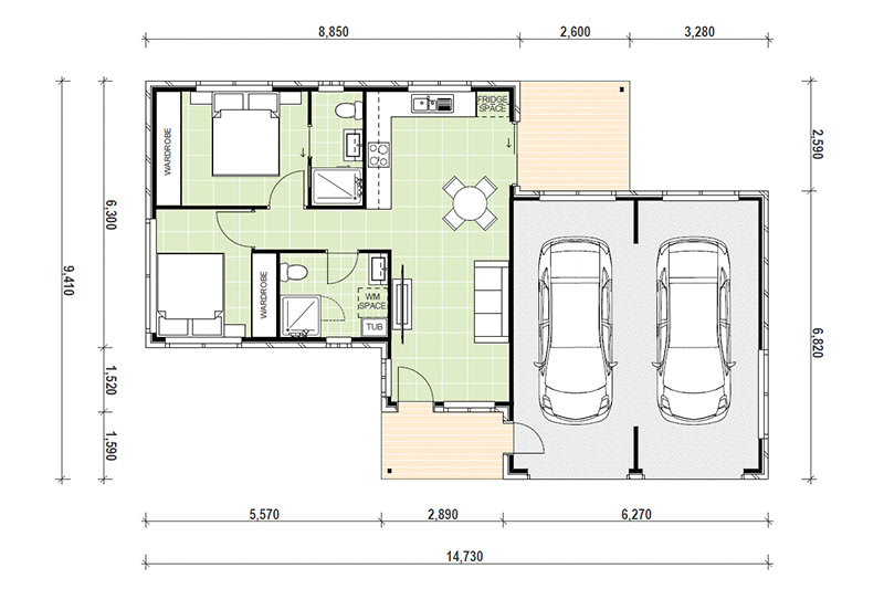 8260 x 6830 flat with two bedrooms and two bathrooms