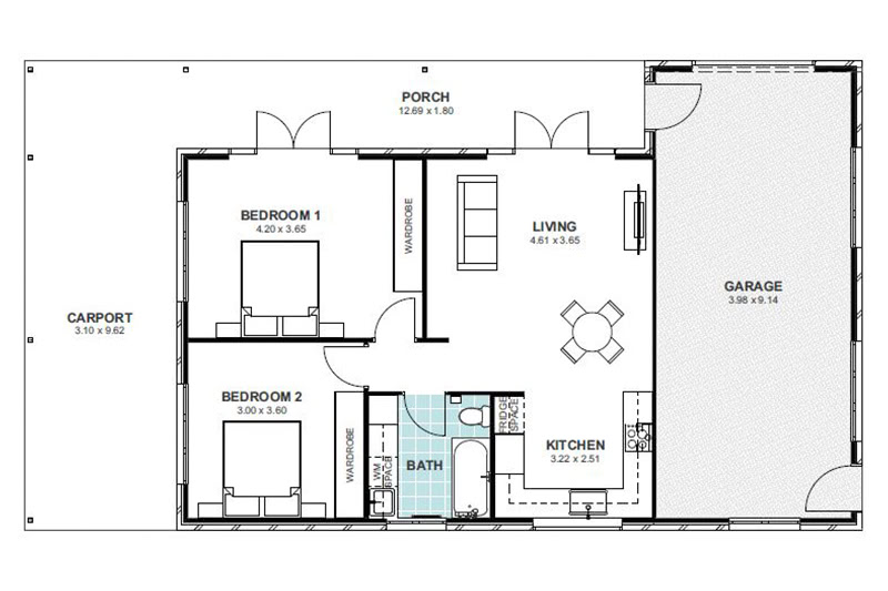 Granny flat floor plan depicting garage, car port and porch space