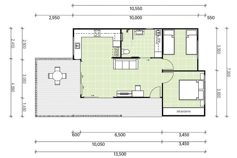 7,000 by 13,500 granny flat floor plan including wrap around patio