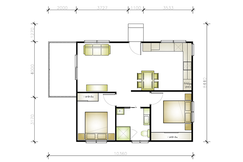 8,440 by 10,360 floor plan including back deck