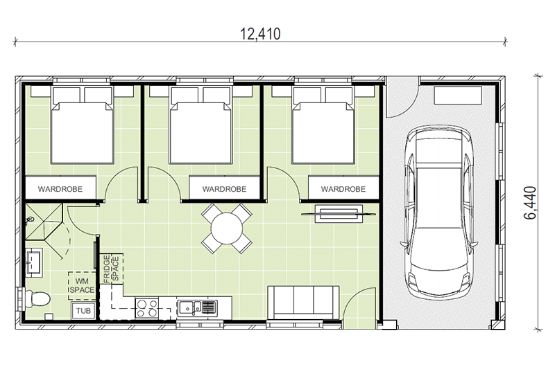 12,410 by 6,440 granny flat floor plan with single car garage 