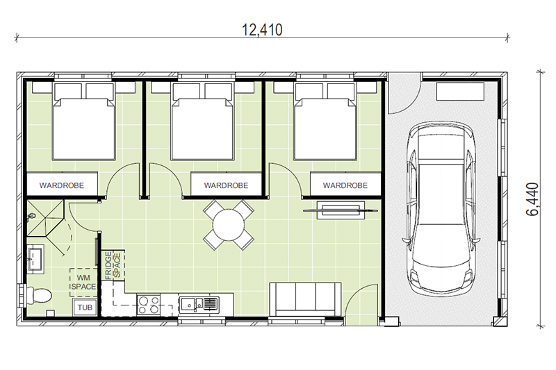 6,440 by 12,410 granny flat floor plan including garage