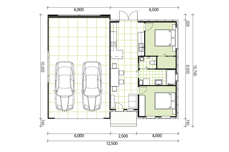 12,500 by 10,740 granny flat floor plan including two car garage