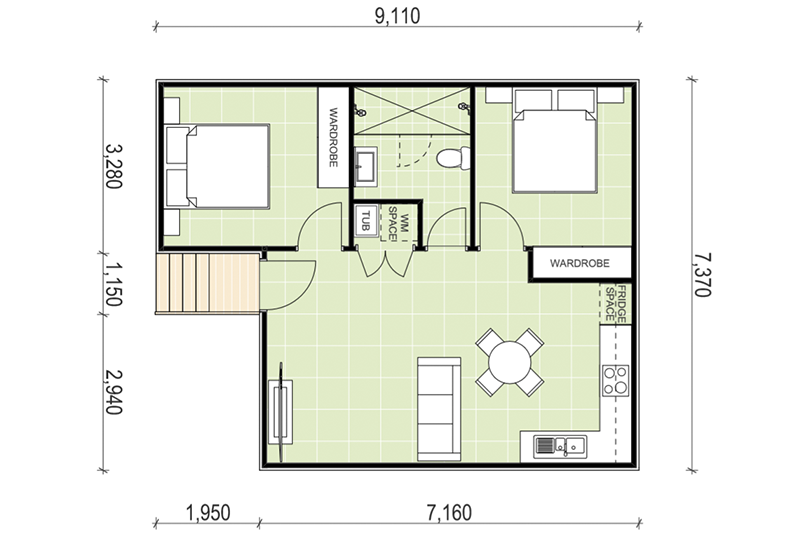 7,370 by 9,110 granny flat floor plan