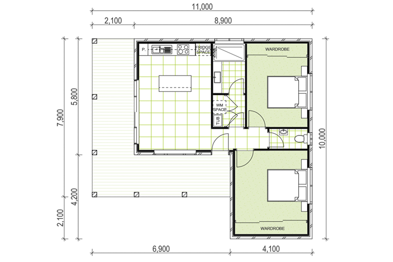 10,000 by 11,000 granny flat floor plan including wraparound walkway