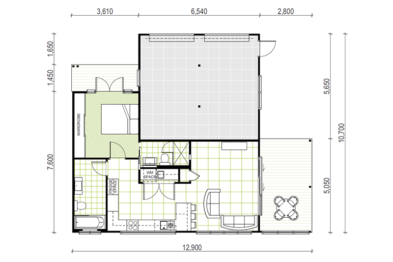 10,700 by 12,900 granny flat floor plan including 2-car garage