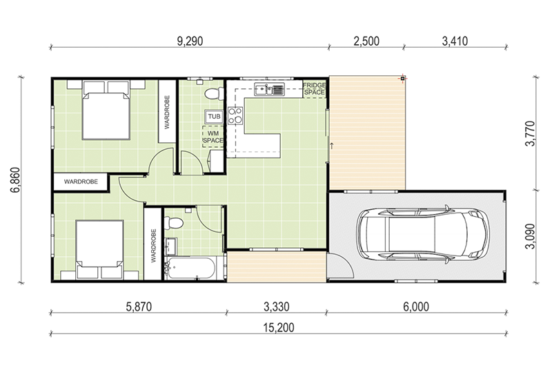 15,200 by 6,860 granny flat floor plan including garage