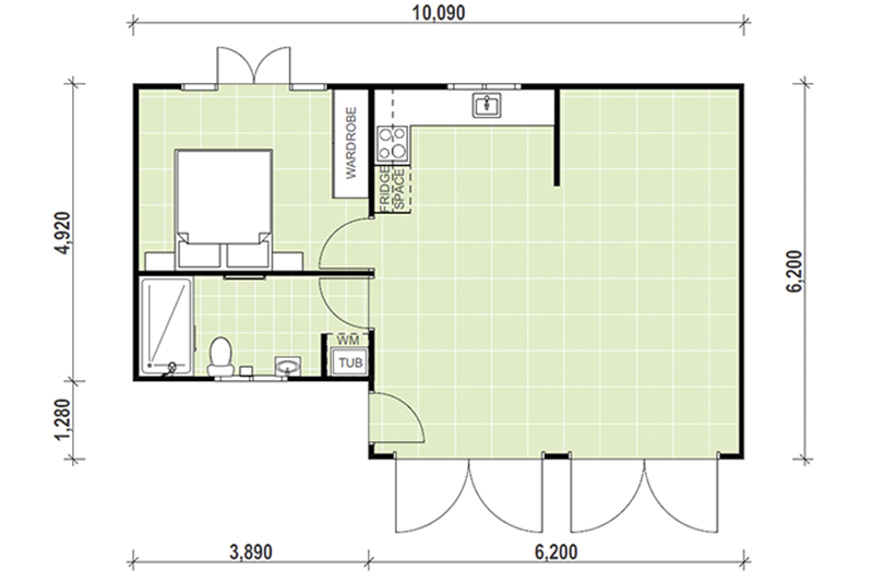 6,200 by 10,090 one-bedroom granny flat floor plan