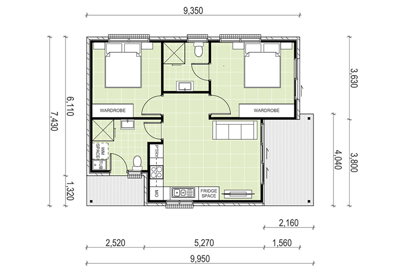 7,430 by 9,950 granny flat floor plan including patio