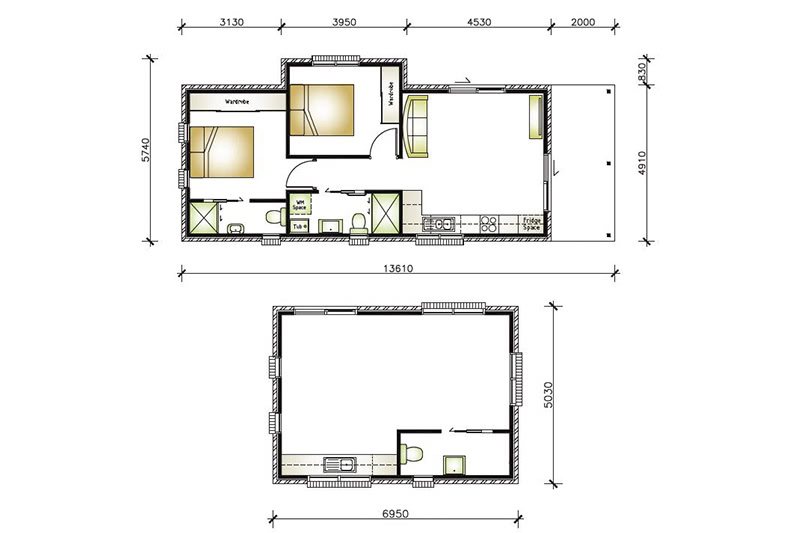 13,610 by 5,740 floor plan and 6,950 by 5,030 floor plan of two adjacent granny flats