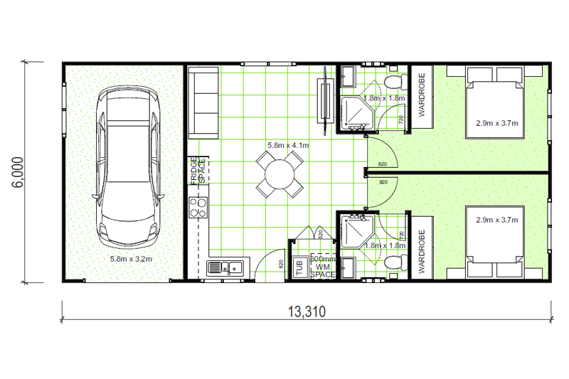 13,310 by 6,000 granny flat floor plan including garage