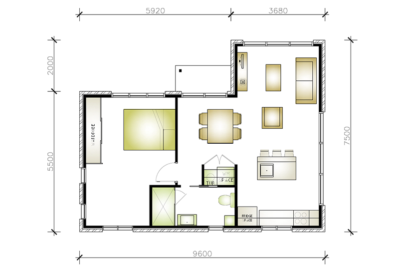 7,500 by 9,600 one-bedroom granny flat floor plan