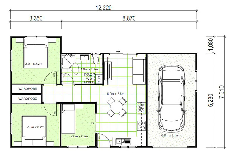 12,220 by 7,310 granny flat floor plan including garage