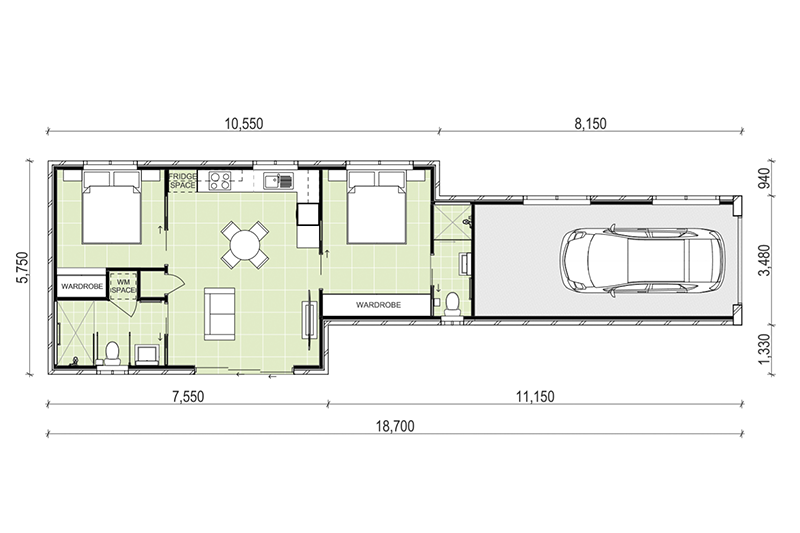 18,700 by 5,750 granny flat floor plan with single car garage