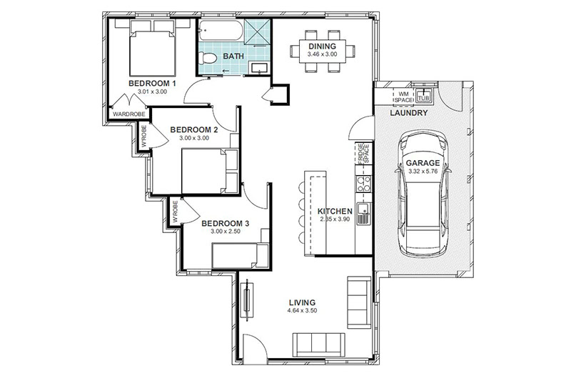 Granny flat floor plan including garage